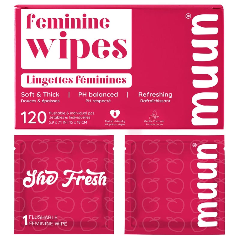 Muun Feminine Wipes Flushable Bulk - 120 Counts, Individual Vaginal Wipes Ph Balance, Anti Itch Deodorant Hygiene Wrapped Personal Cleansing - Wet Wipes for Intimate, Butt - Image 1